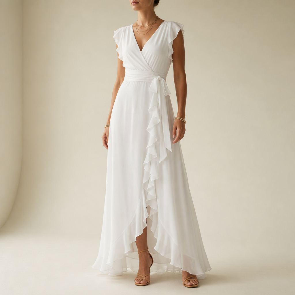Ierapetra Ruffle Chiffon Maxi Dress in White