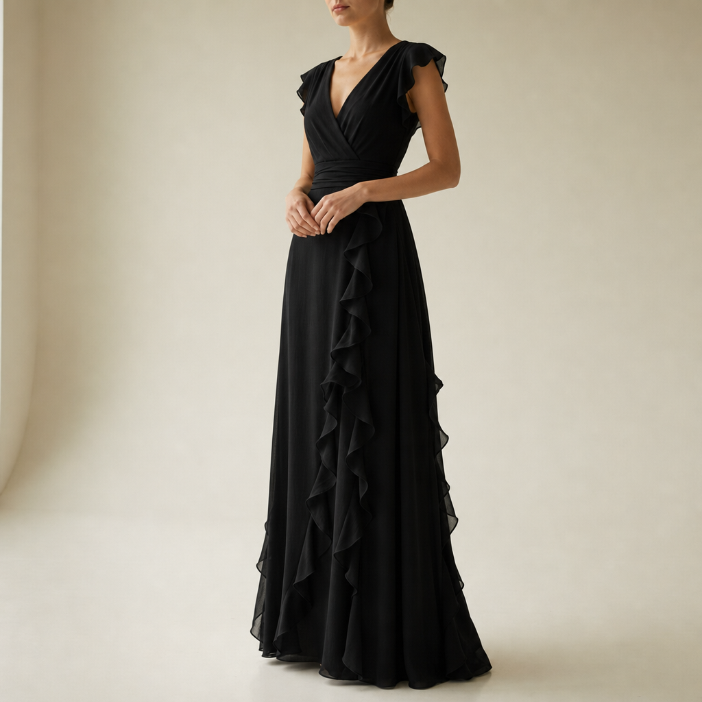 Ierapetra Ruffle Chiffon Maxi Dress in Black
