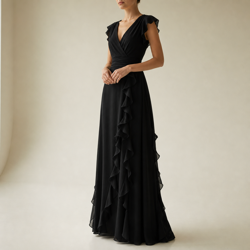 Ierapetra Ruffle Chiffon Maxi Dress in Black
