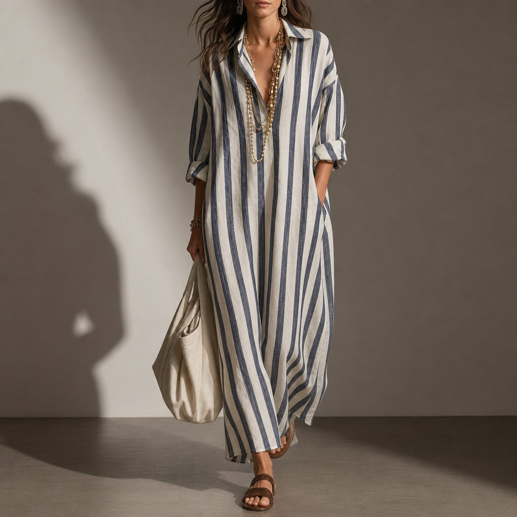 Ios Striped Linen Shirt Dress in Blue