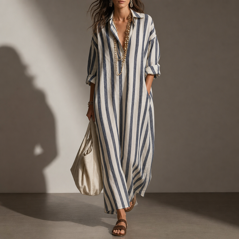 Ios Striped Linen Shirt Dress in Blue