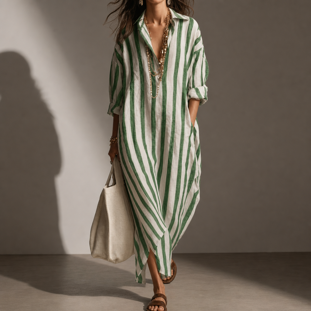 Ios Striped Linen Shirt Dress in Green