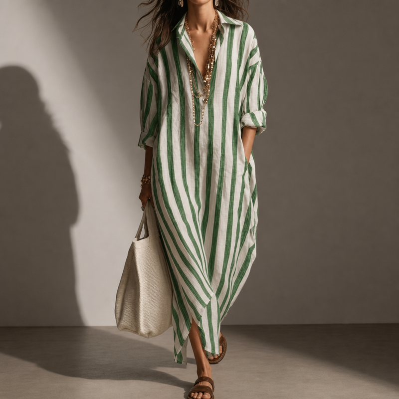 Ios Striped Linen Shirt Dress in Green