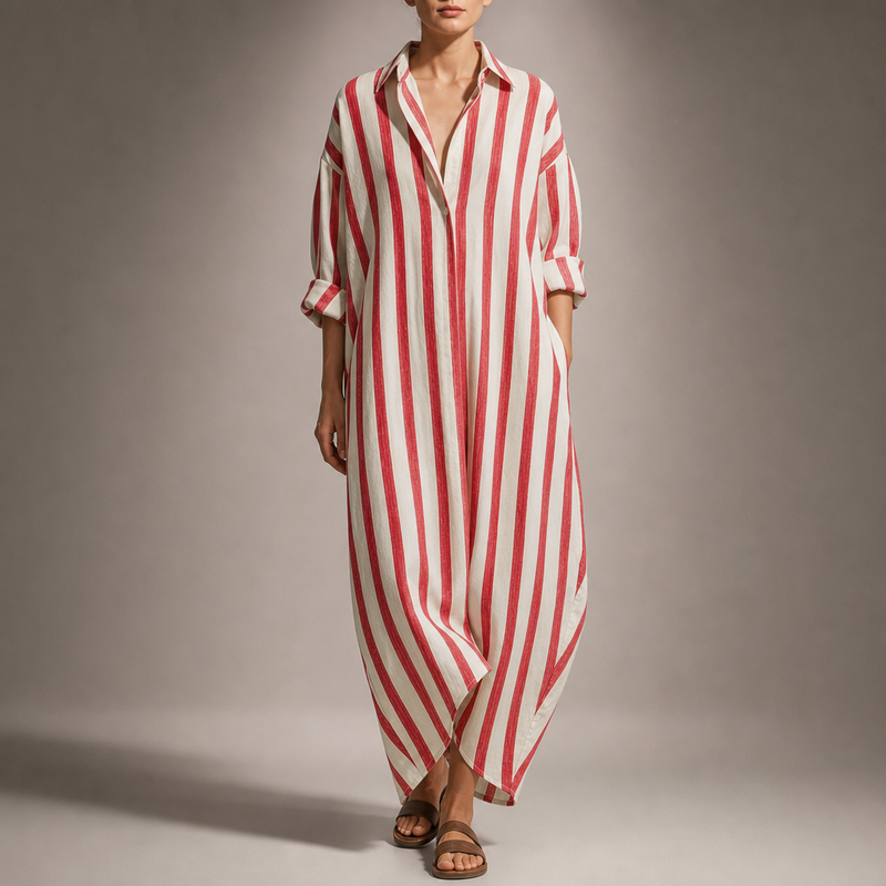 Ios Striped Linen Shirt Dress in Red