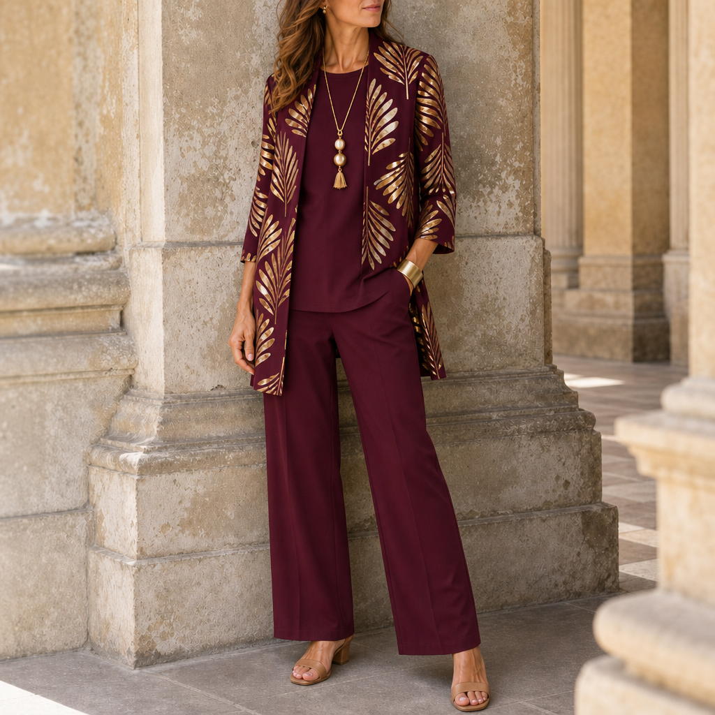 Ithaca Leaf Print 3-Piece Set in Burgundy Blossom