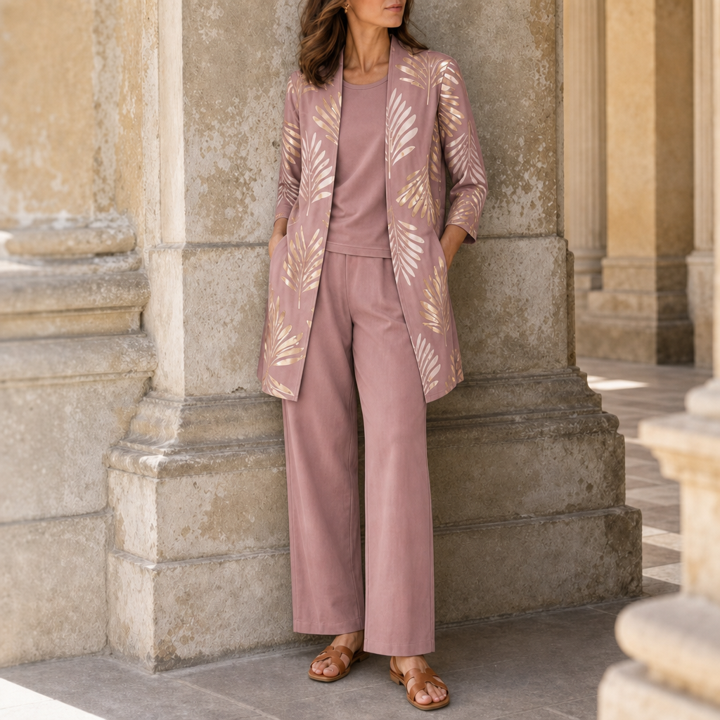 Ithaca Leaf Print 3-Piece Set in Dusty Rose