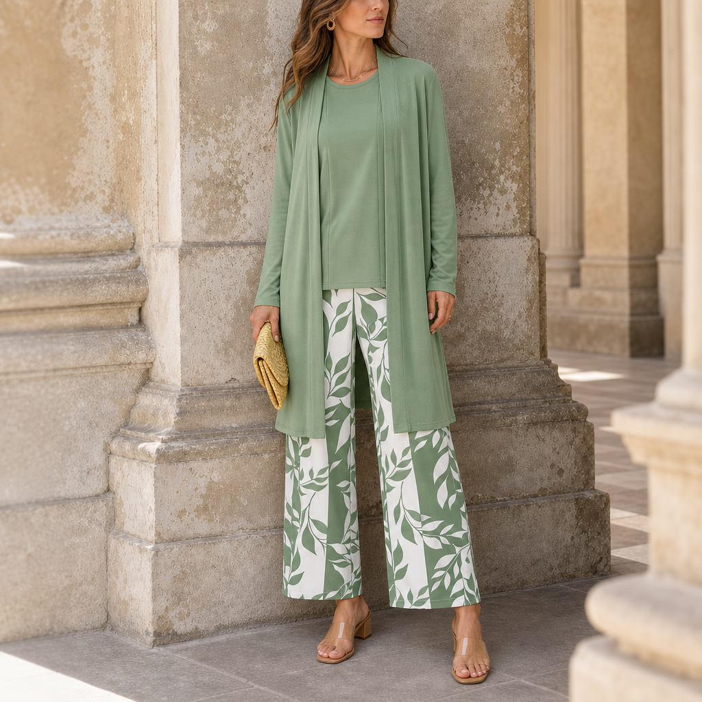 Ithaca Leaf Print 3-Piece Set in Green & White