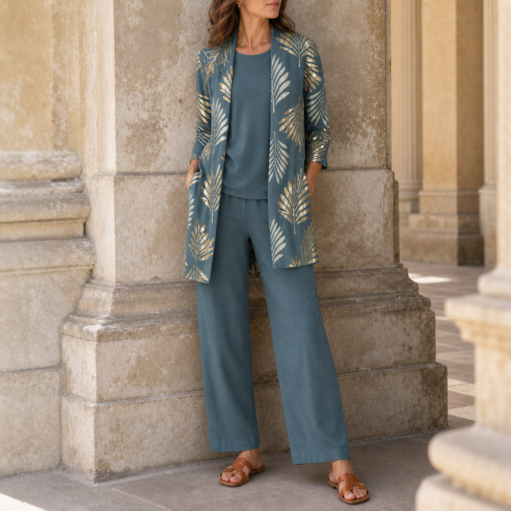 Ithaca Leaf Print 3-Piece Set in Vintage Teal