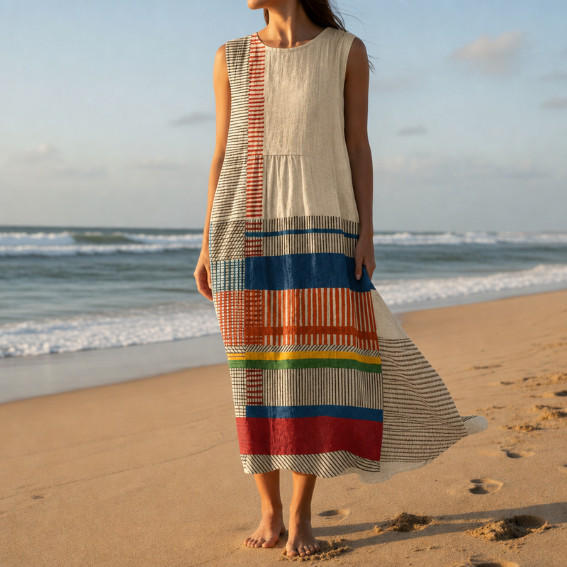 Kakopetria Geometric Print Midi Dress in Beige