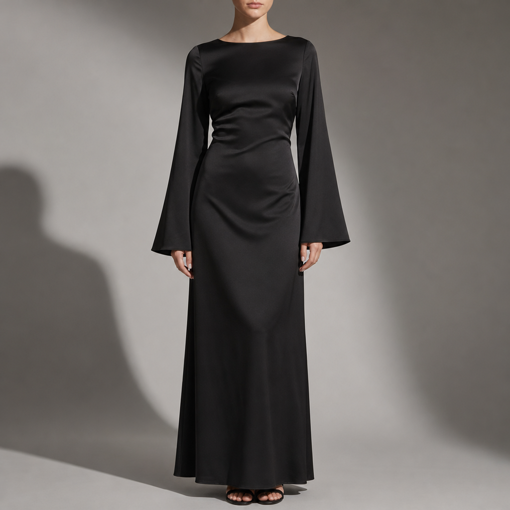 Larnaca Satin Bell Sleeve Maxi in Black