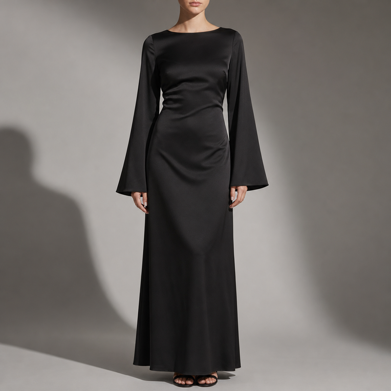 Larnaca Satin Bell Sleeve Maxi in Black