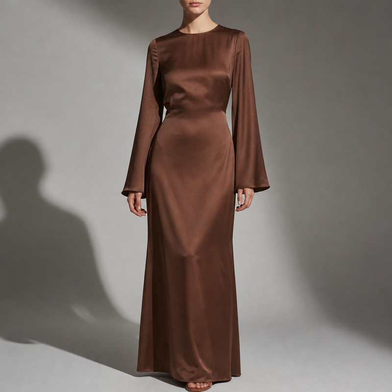 Larnaca Satin Bell Sleeve Maxi in Brown