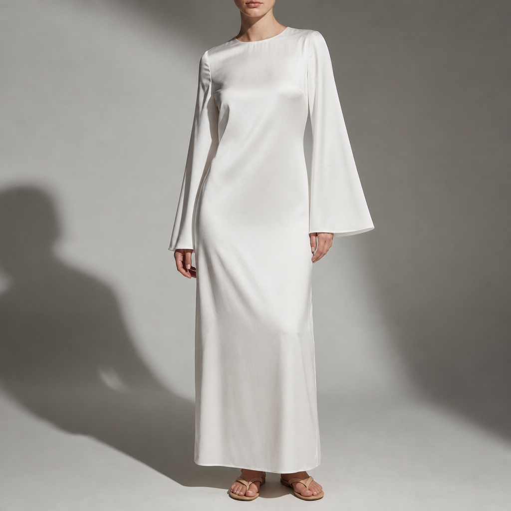 Larnaca Satin Bell Sleeve Maxi in White