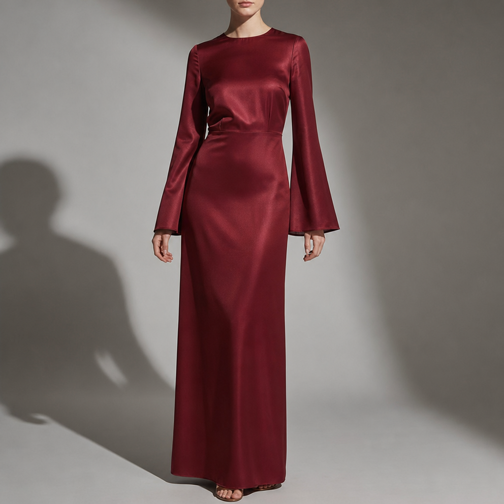 Larnaca Satin Bell Sleeve Maxi in Wine Red