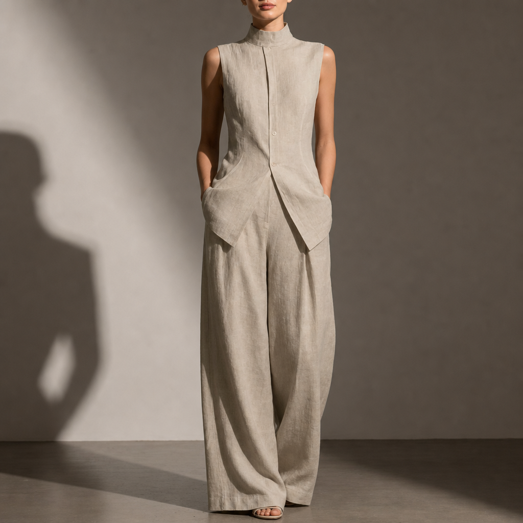 Lefkada Linen Mock Neck Pant Set in Beige