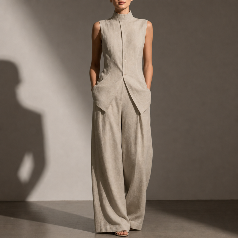Lefkada Linen Mock Neck Pant Set in Beige