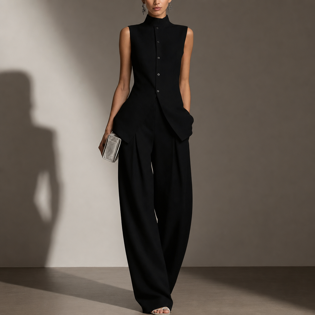 Lefkada Linen Mock Neck Pant Set in Black