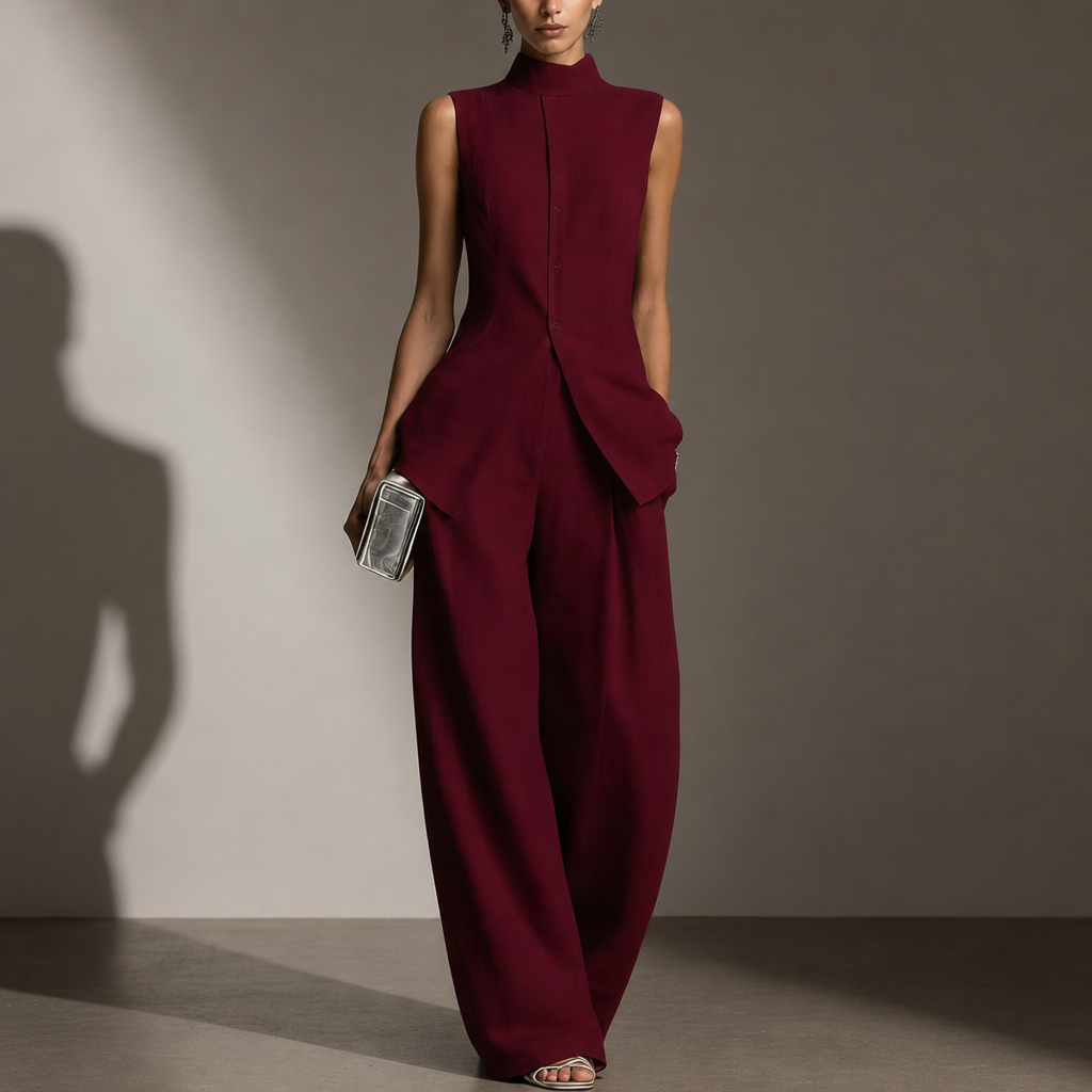 Lefkada Linen Mock Neck Pant Set in Red