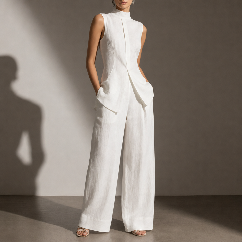 Lefkada Linen Mock Neck Pant Set in White