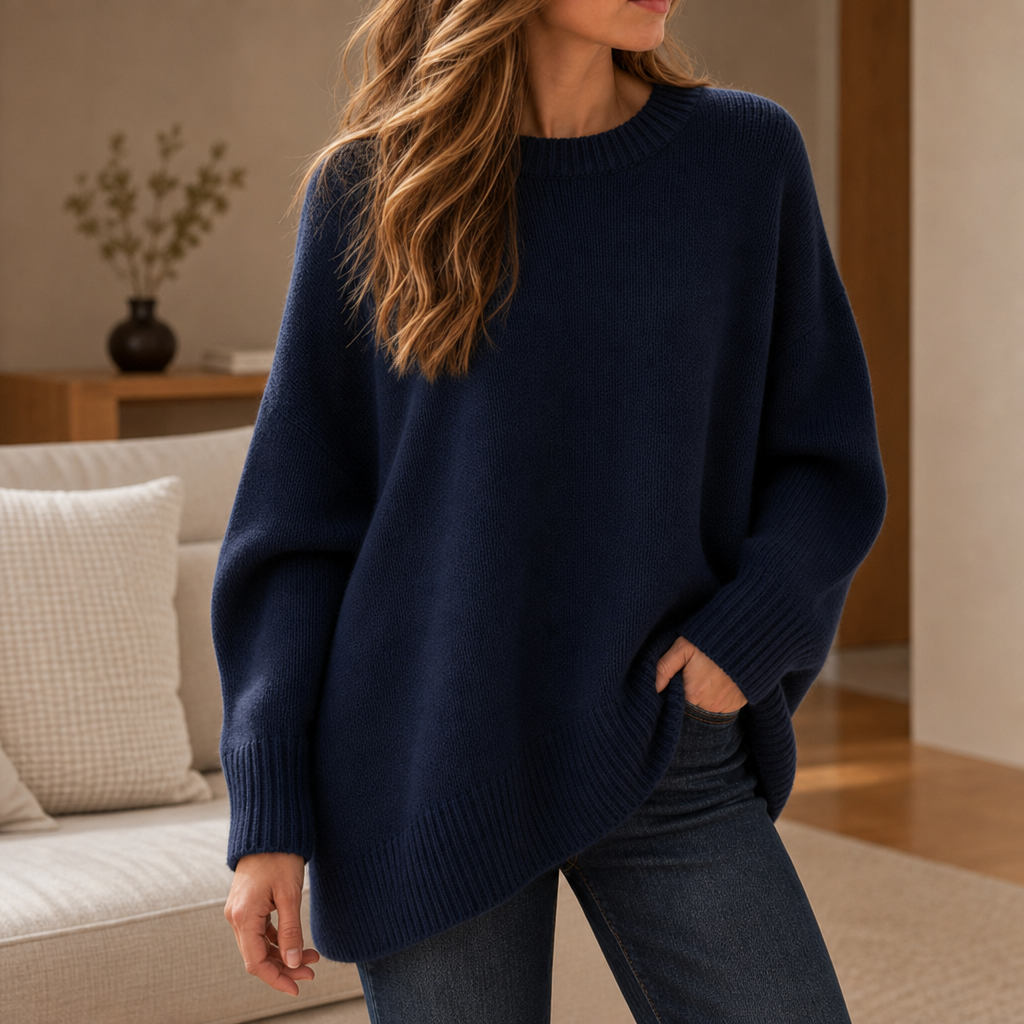 Lesvos Asymmetrical Merino Wool Sweater in Navy Blue