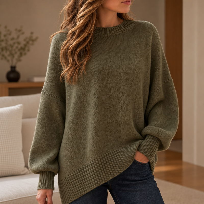 Lesvos Asymmetrical Merino Wool Sweater in Olive Green