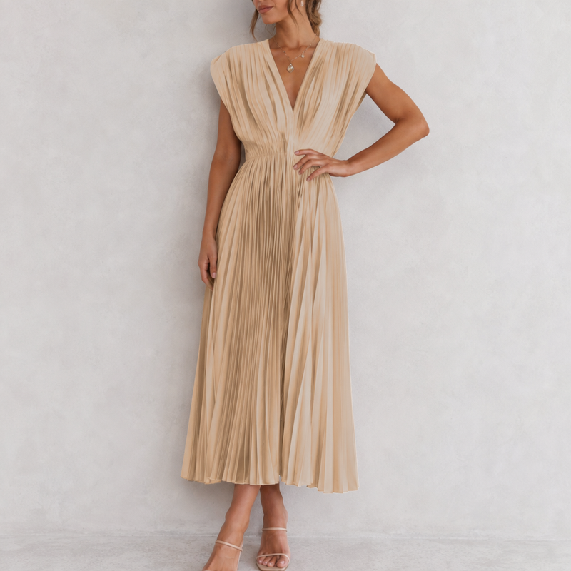 Malaga Pleated V-Neck Midi Dress in Beige