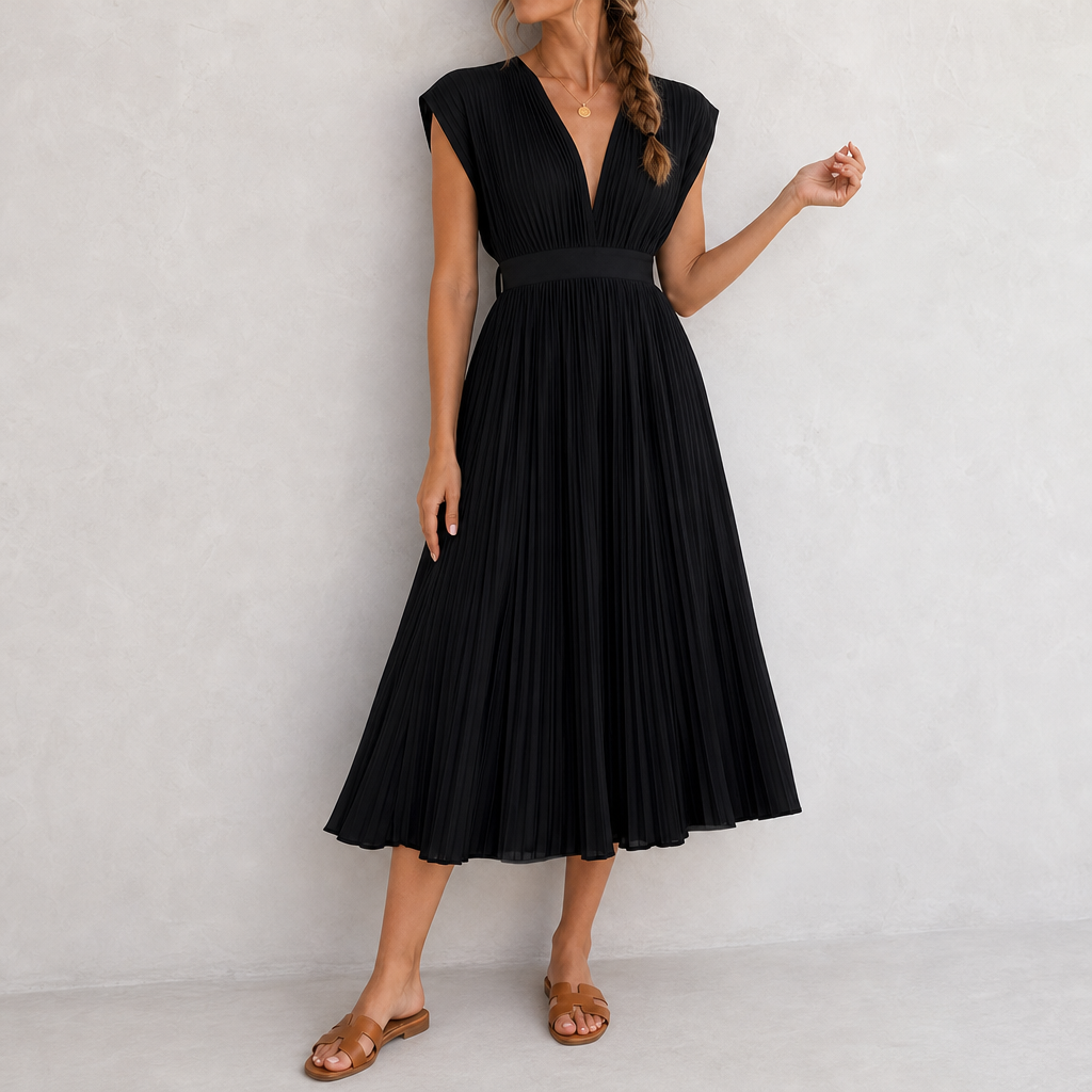 Malaga Pleated V-Neck Midi Dress in Black