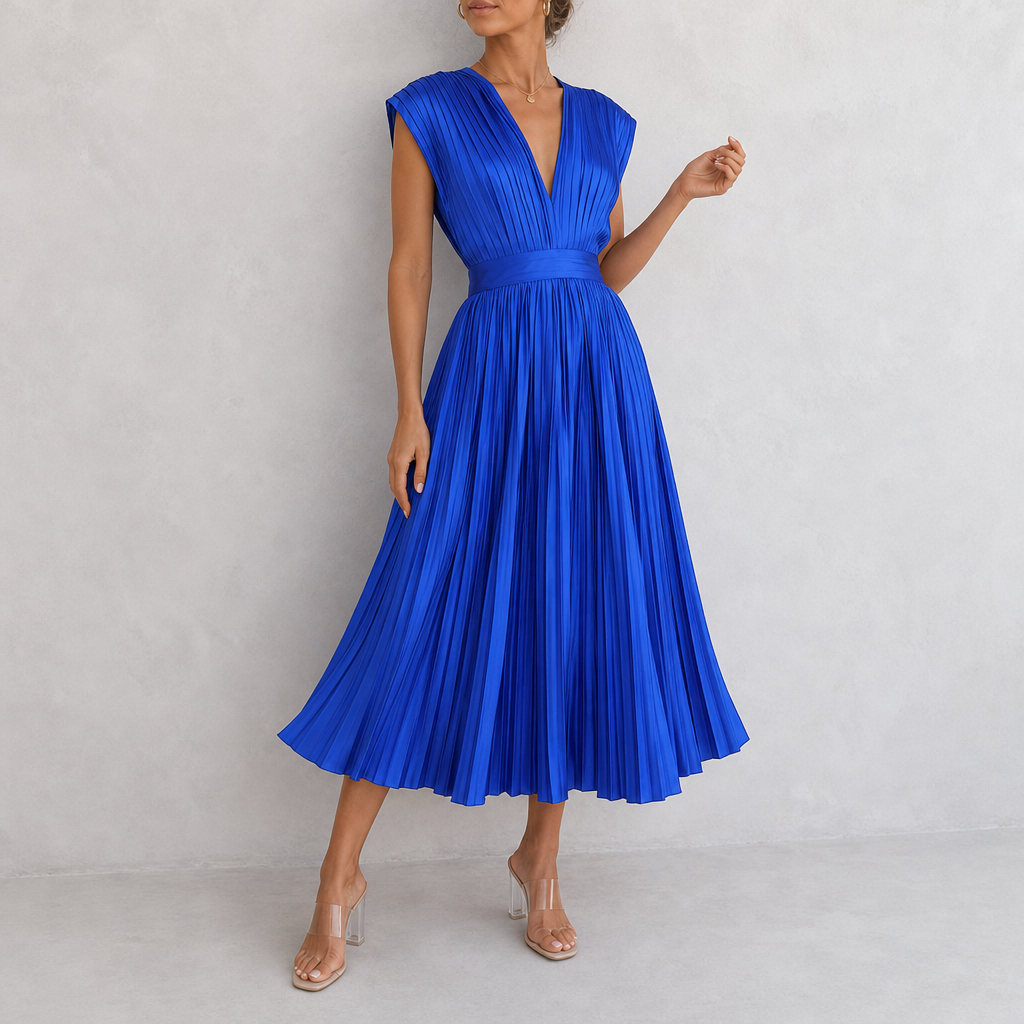Malaga Pleated V-Neck Midi Dress in Blue