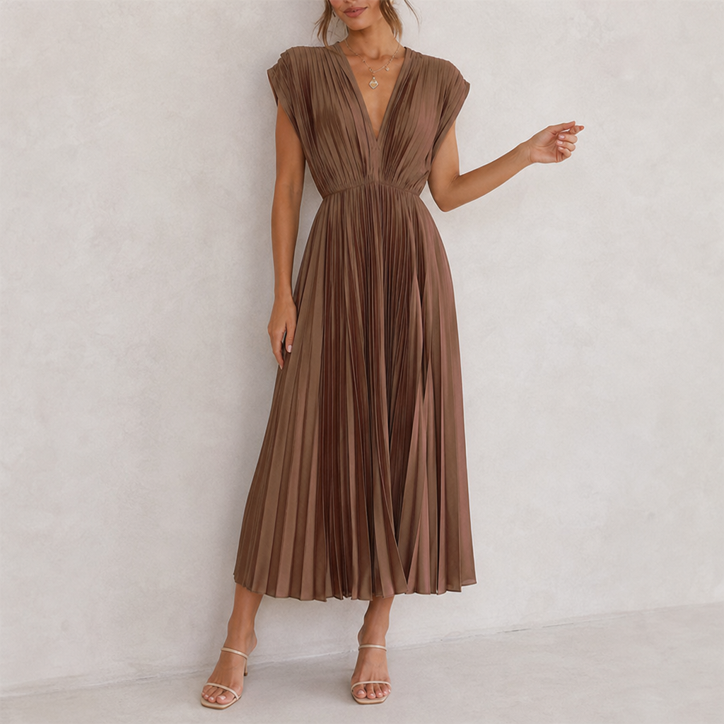 Malaga Pleated V-Neck Midi Dress in Brown