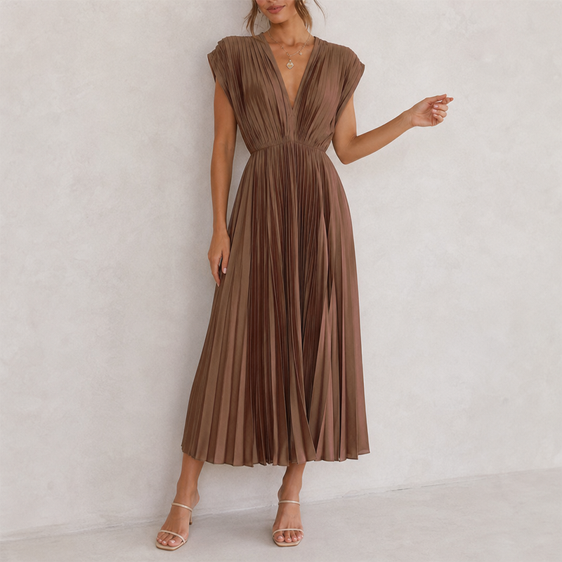 Malaga Pleated V-Neck Midi Dress in Brown