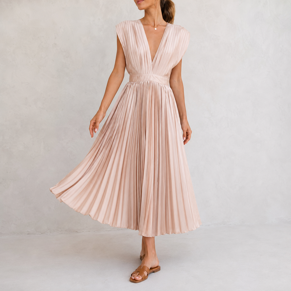 Malaga Pleated V-Neck Midi Dress in Champagne