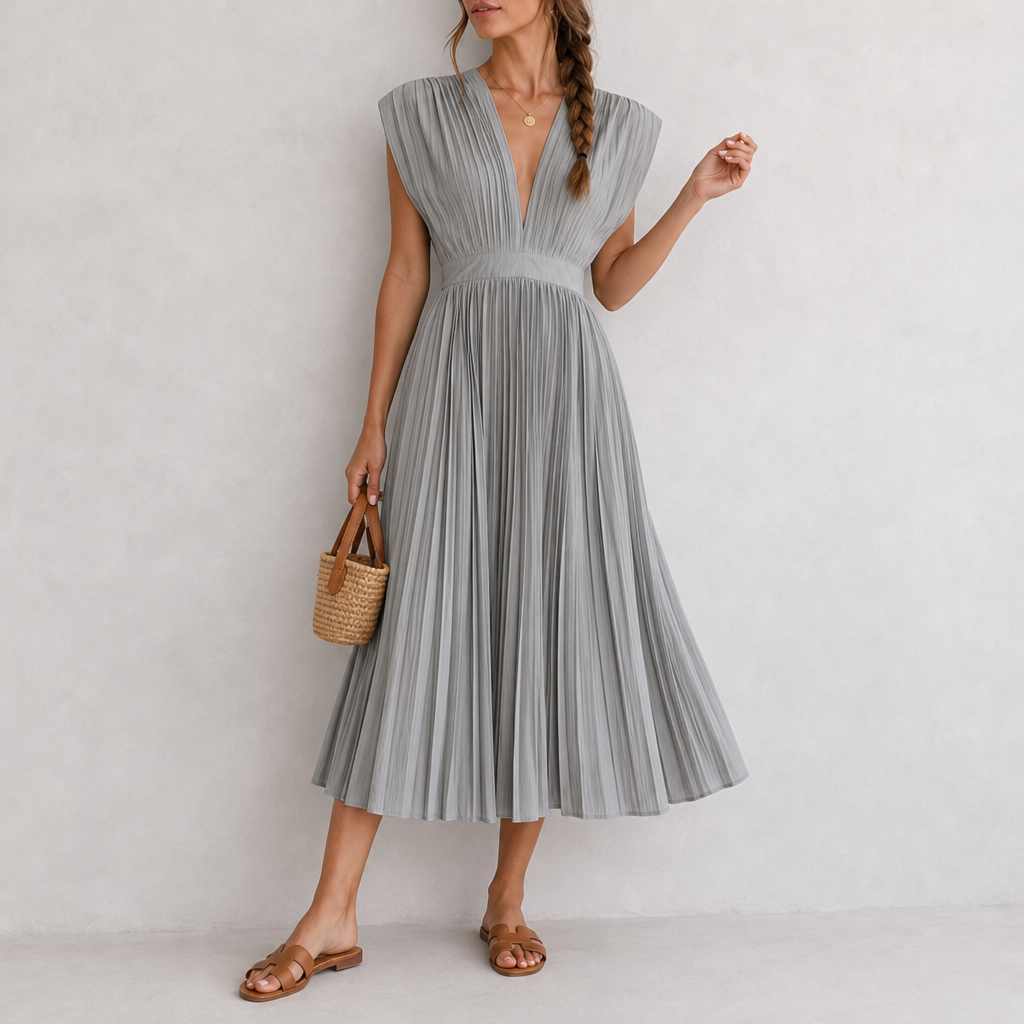 Malaga Pleated V-Neck Midi Dress in Gray