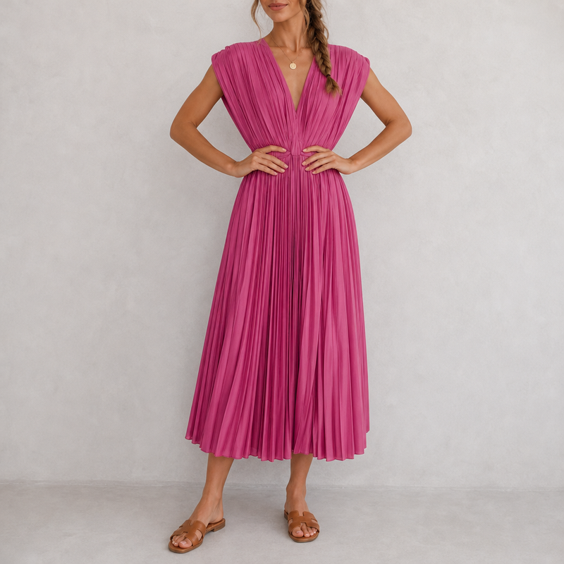 Malaga Pleated V-Neck Midi Dress in Pink