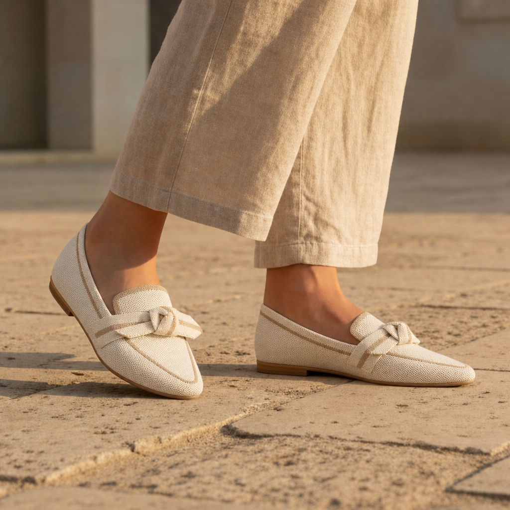 Matera Orthopedic Knit Bow Loafers in Beige