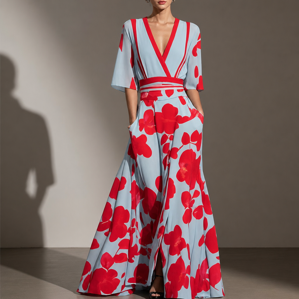 Menerbes Floral V-Neck Maxi Dress in Red