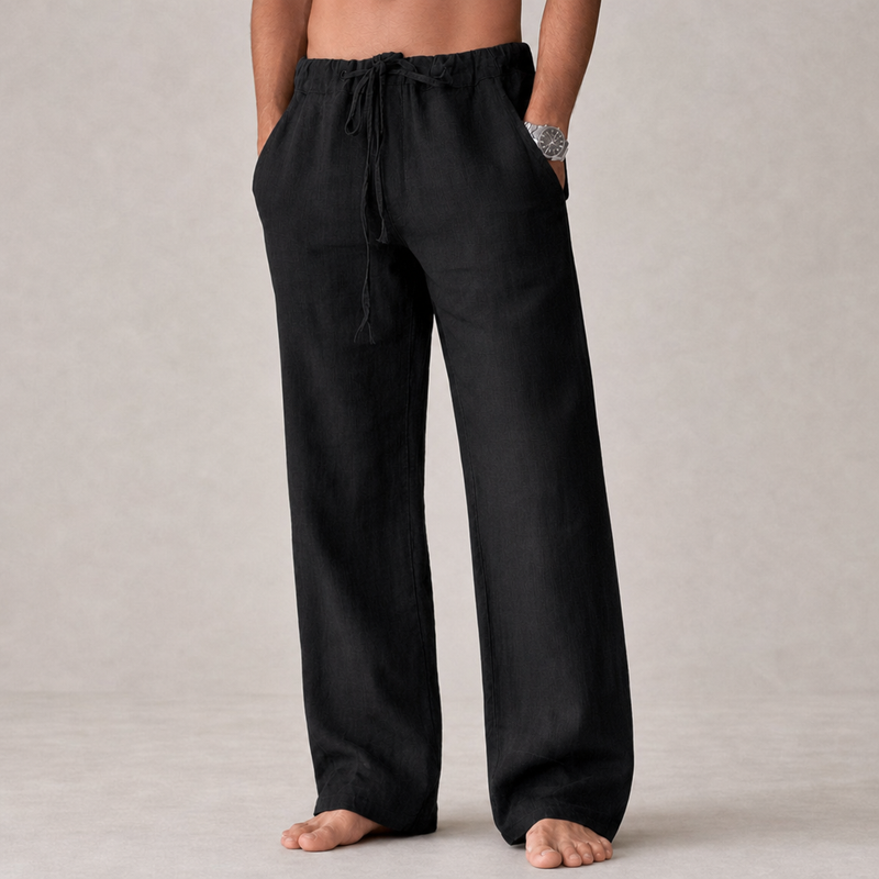 Mljet Linen Drawstring Trousers in Black