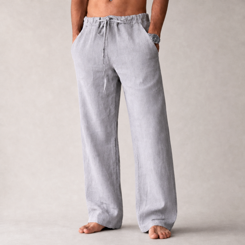 Mljet Linen Drawstring Trousers in Light Gray