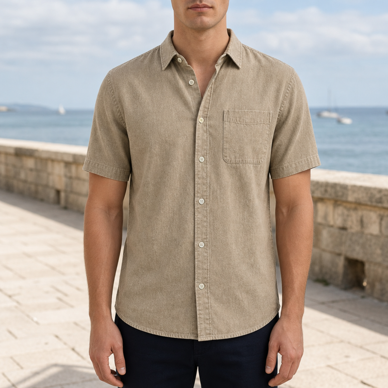 Modica Denim Button-Down Shirt in Beige