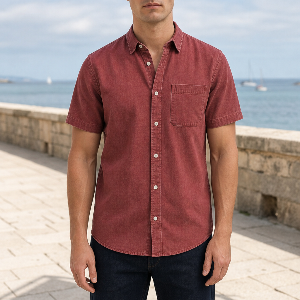 Modica Denim Button-Down Shirt in Red