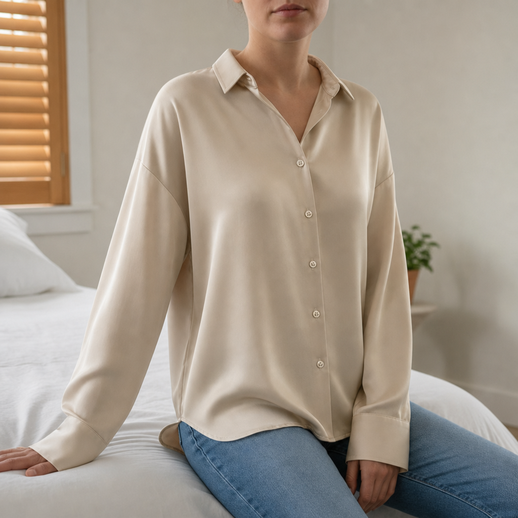 Monsaraz Satin Button-Up Blouse in Beige