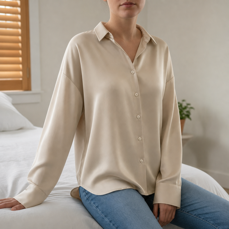 Monsaraz Satin Button-Up Blouse in Beige