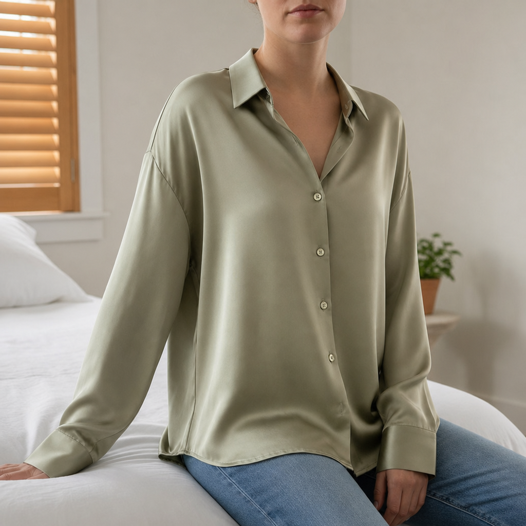 Monsaraz Satin Button-Up Blouse in Green