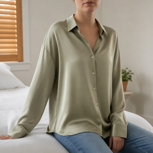 Monsaraz Satin Button-Up Blouse in Green