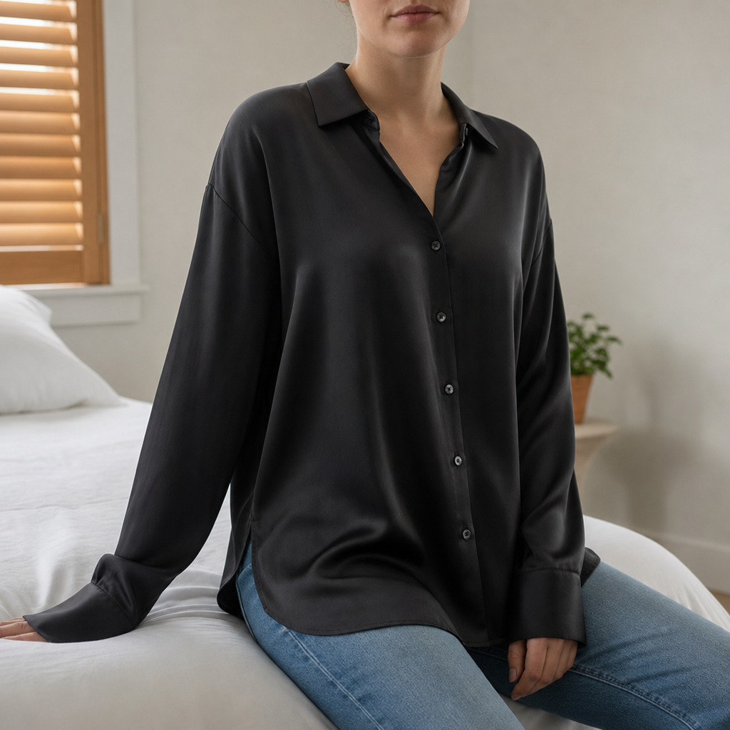 Monsaraz Satin Button-Up Blouse in Black
