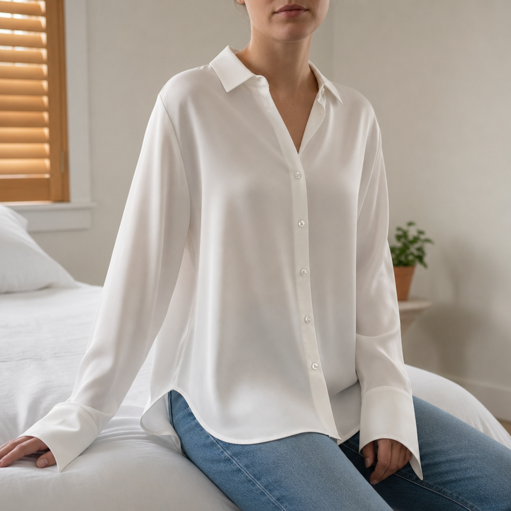 Monsaraz Satin Button-Up Blouse in White