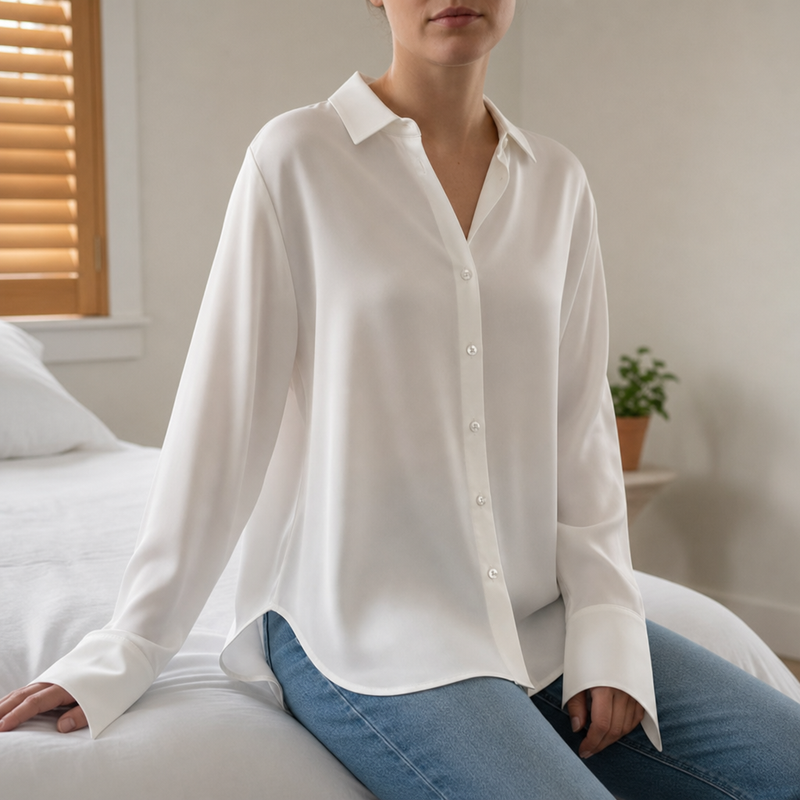 Monsaraz Satin Button-Up Blouse in White