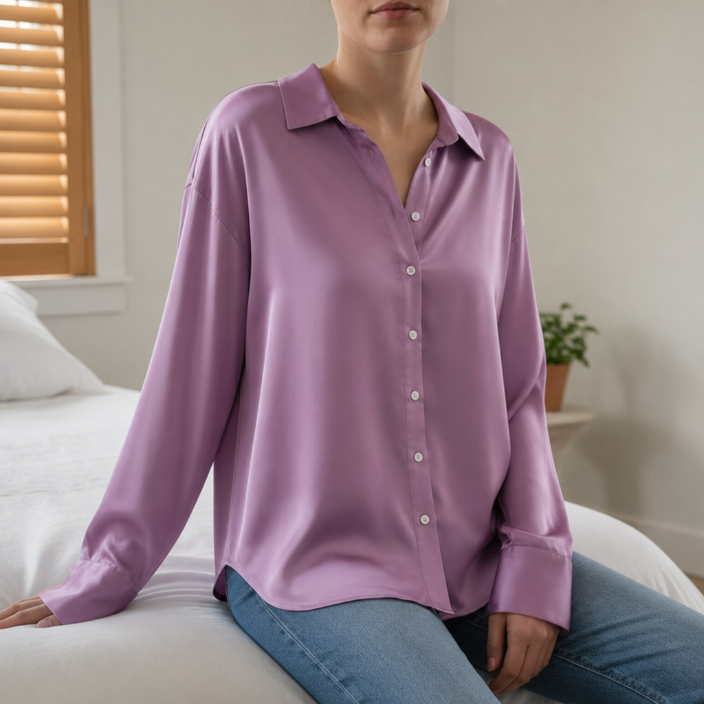 Monsaraz Satin Button-Up Blouse in Purple