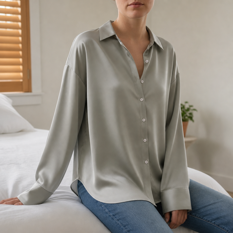 Monsaraz Satin Button-Up Blouse in Gray
