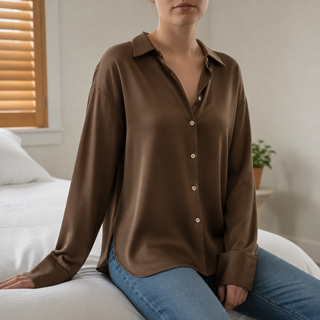 Monsaraz Satin Button-Up Blouse in Brown