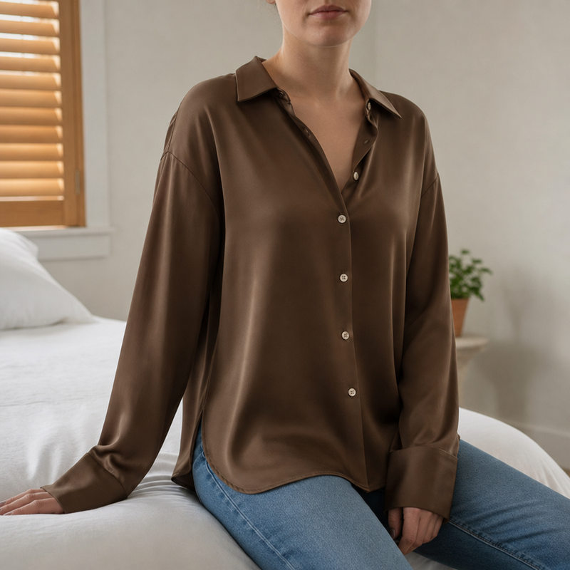 Monsaraz Satin Button-Up Blouse in Brown